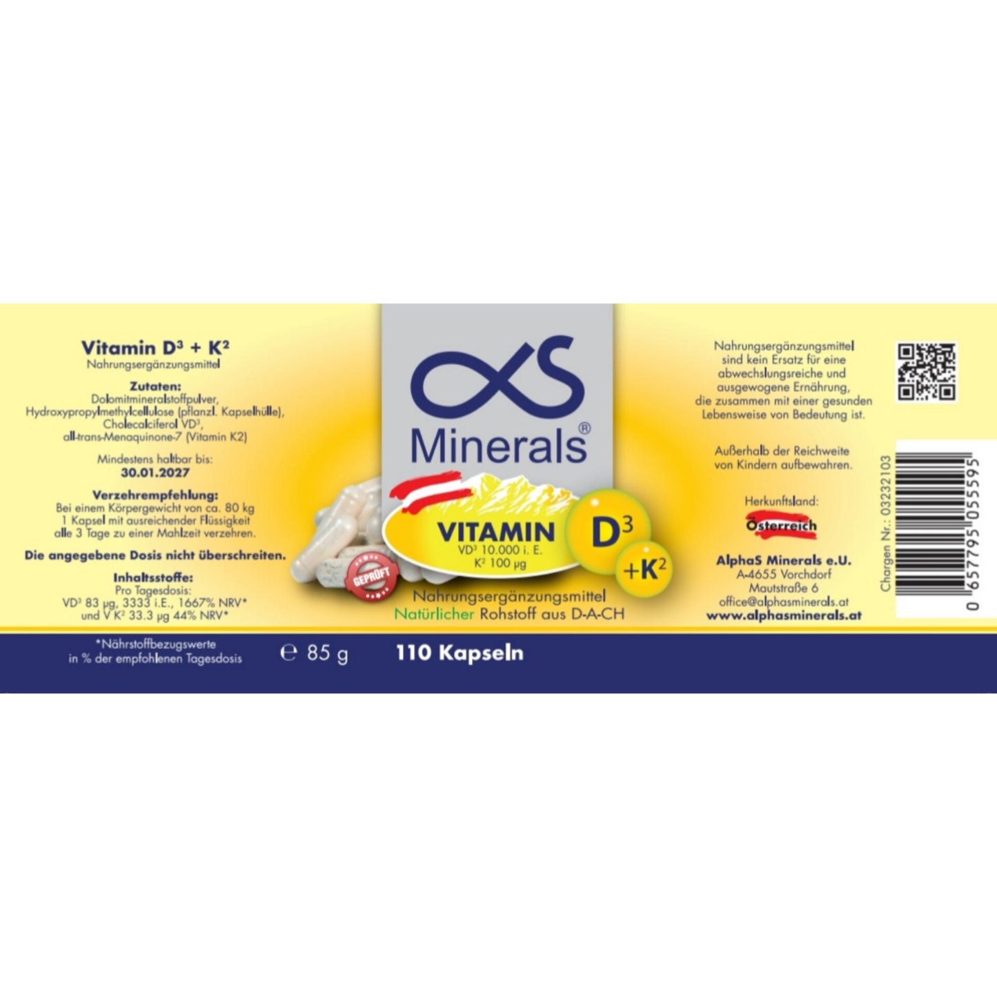Vorteilskombi: Magnesium Austria 400g & Vitamin D3+K2 110St